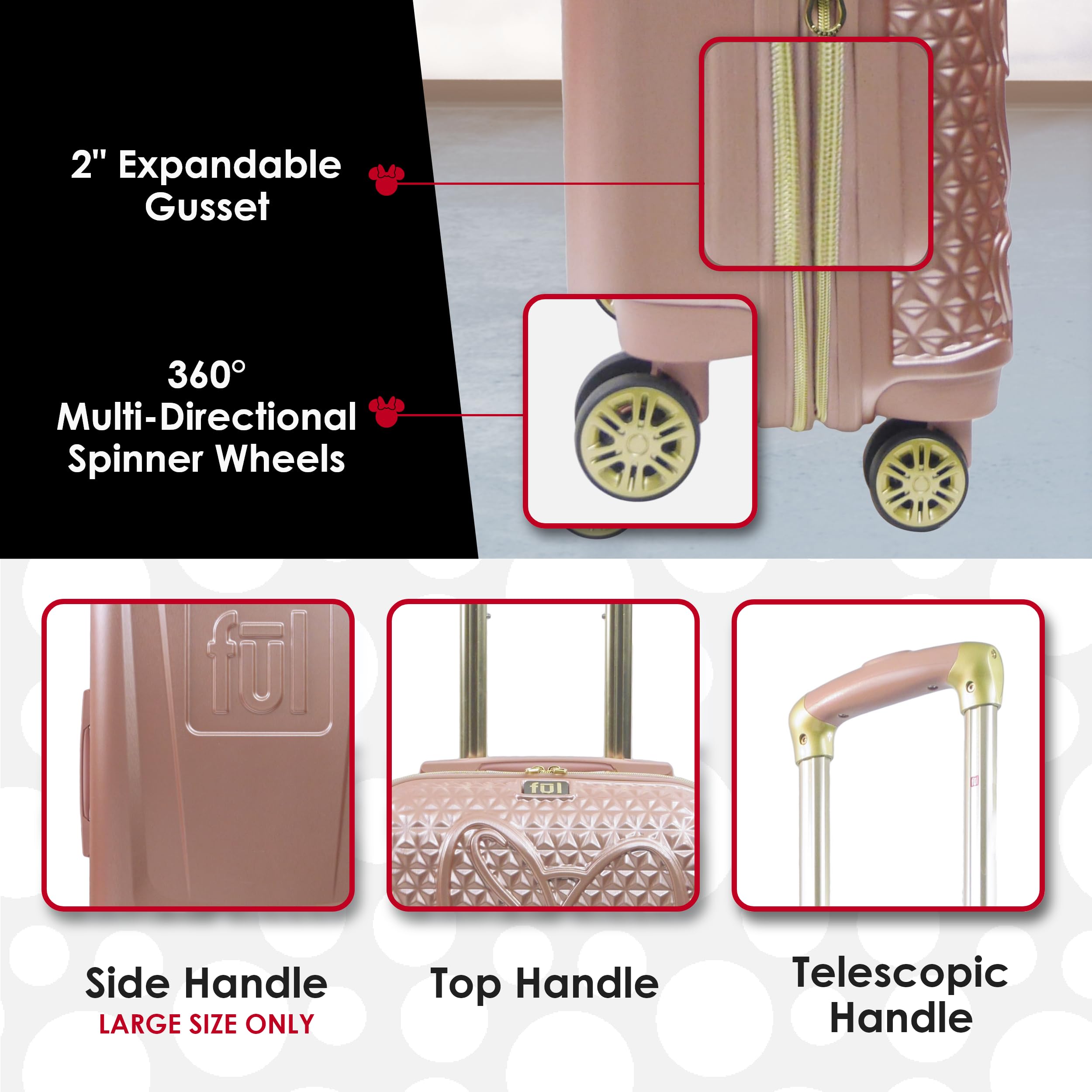 FUL Disney Minnie Mouse Rolling Luggage, Textured Hardshell Suitcase with Wheels, Rose Gold, 3 Piece Set