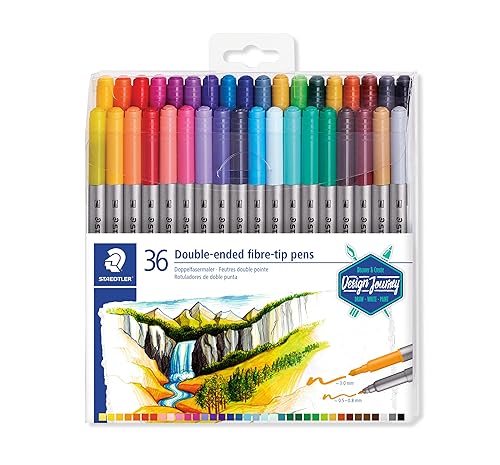 STAEDTLER 3200 TB36 Design Journey Double-Ended Fibre-Tip Pens with Thin & Wide Nibs - Assorted Colours (Pack of 36)