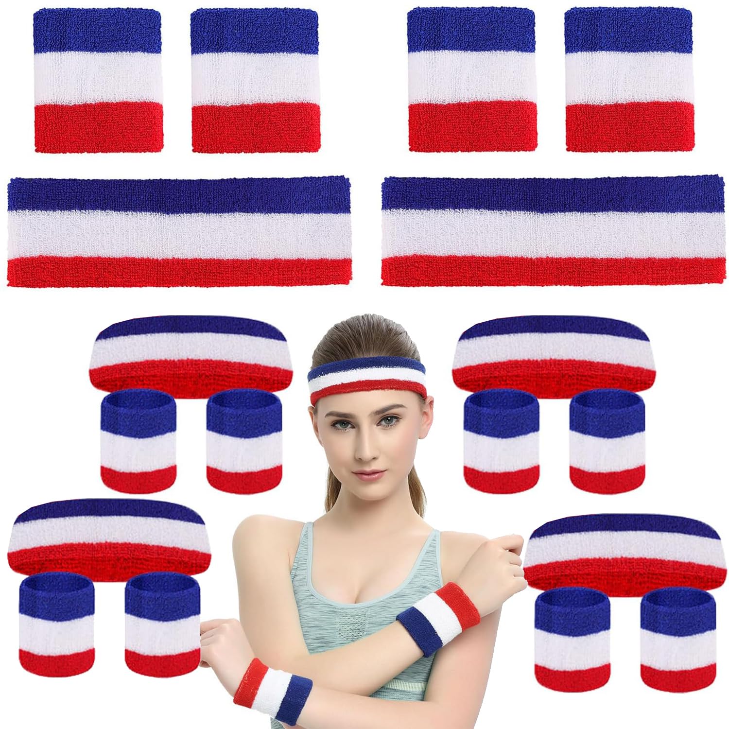 Norhogo 6 pairs Sweatbands Headband Wristband Set with Sports Headband Wristbands Soft Thickened Terry Cotton for Men and Women yoga、Run、Gym、tennis、basketball sports (Red White Blue Stripe)