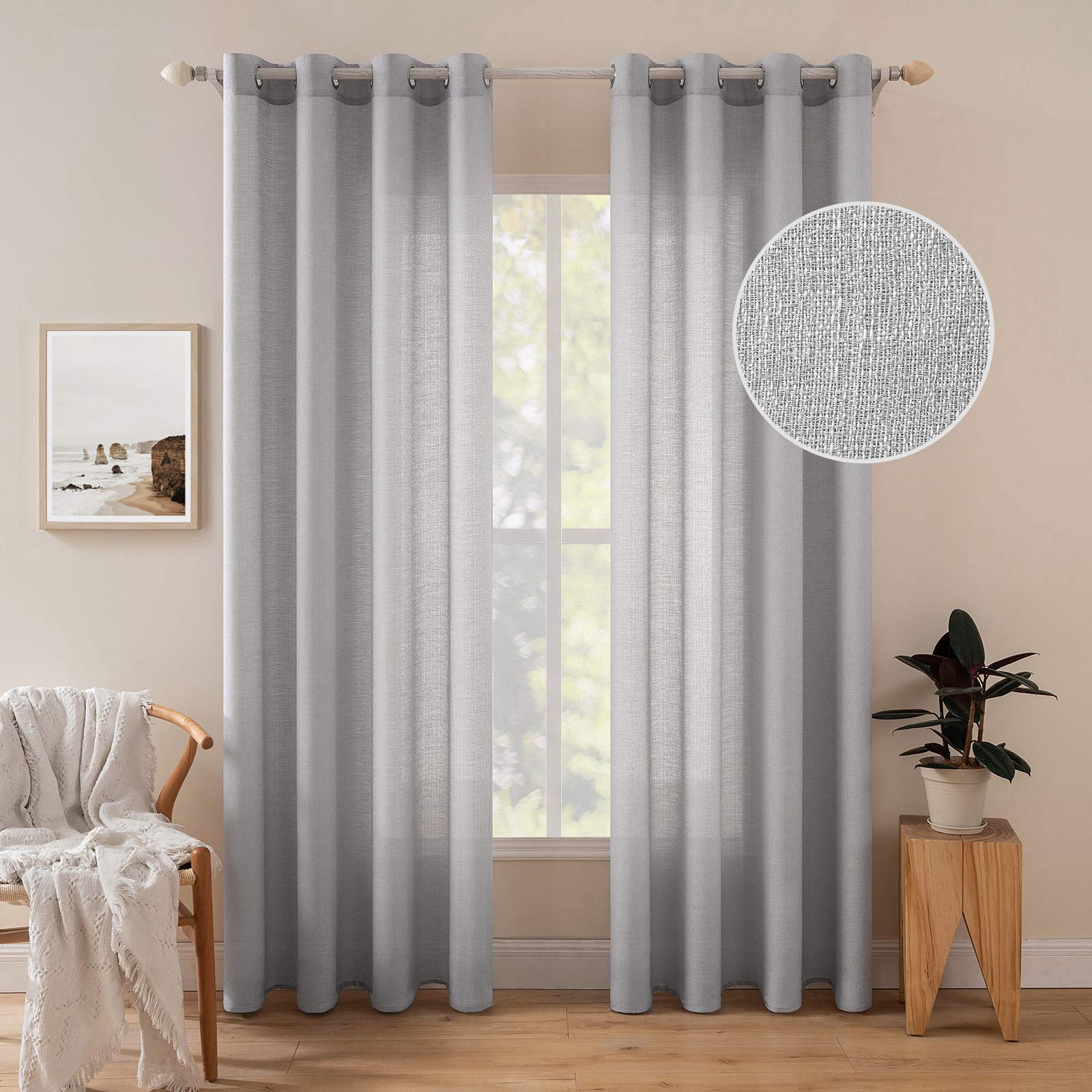 MIULEE 2 Panels Voile Sheer Curtains Cross Linen-like Solid Color Contemporary Decorative Ring Top Eyelet Panels for Bedroom Livingroom Nursery Room Grey 55" Wx102 L