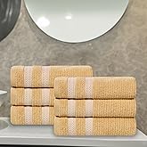 Superior Cotton Hand Towel Set, Zero Twist, Ribbed Geometric, Small Towels, Plush Soft Absorbent Bathroom Basics, Home Essentials, Spa, Salon, Hotel, Kitchen, Luxury Quick Drying, Set of 6, Gold