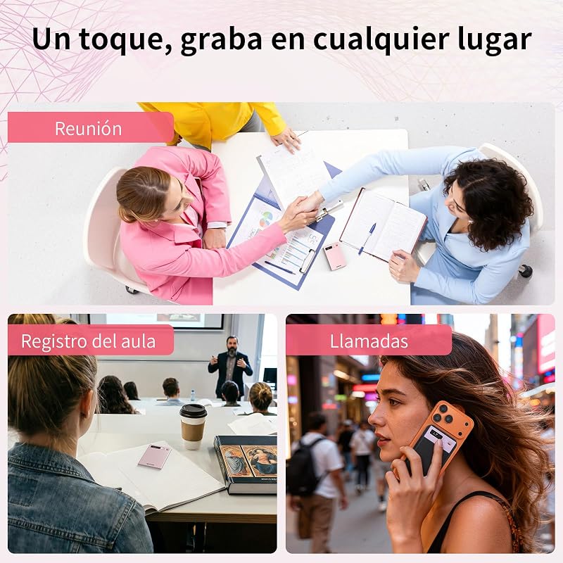 Grabadora de Voz NEWYES IA con aplicación dedicada,transcripción y Resumen,Duración de la batería de 35 Horas, 64 GB de Memoria para reuniones,conferencias, Llamadas,Negocios y Clases(Rosa)