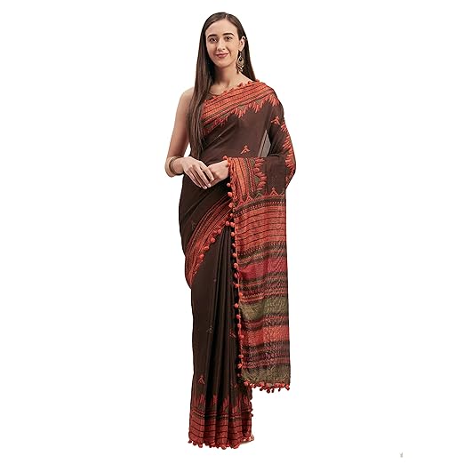 Womanista cotton with Blouse Piece Saree (TI1244_ Brown_ Onesize)