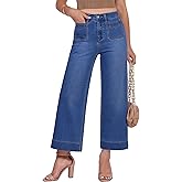 GRAPENT Cropped Jeans for Women Trendy 2026 Wide Leg High Waisted Patch Pocket Stretchy Denim Pants Short Trouser Jeans