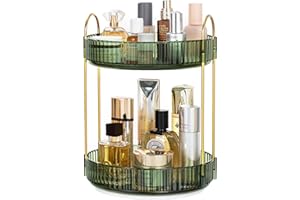 Vorey 360 Rotating Makeup Organizer Countertop 2 Tier Bathroom Organizer Spinning Perfume Organizers, Skincare Organizers Makeup Carousel Cosmetic Brush Storage for Vanity, Countertop, Green
