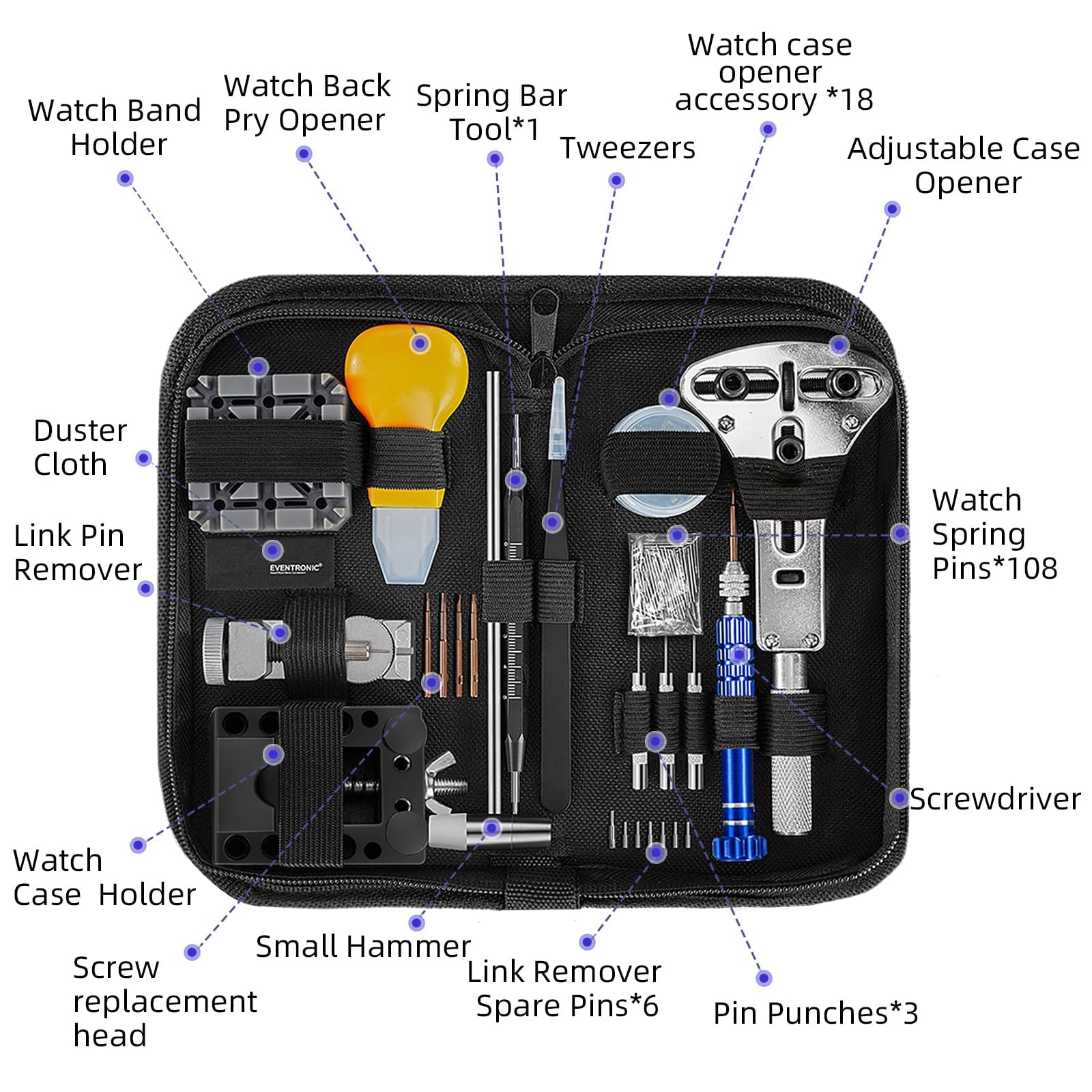 【2025 Upgrade】Eventronic Watch Repair Kit, Watch Link Removal Kit, Watch Battery Replacement Tool Kit & Strap Adjustment, Watch Tool Kit with Spring Bar, Case Opener, Link Remover, Carrying Case