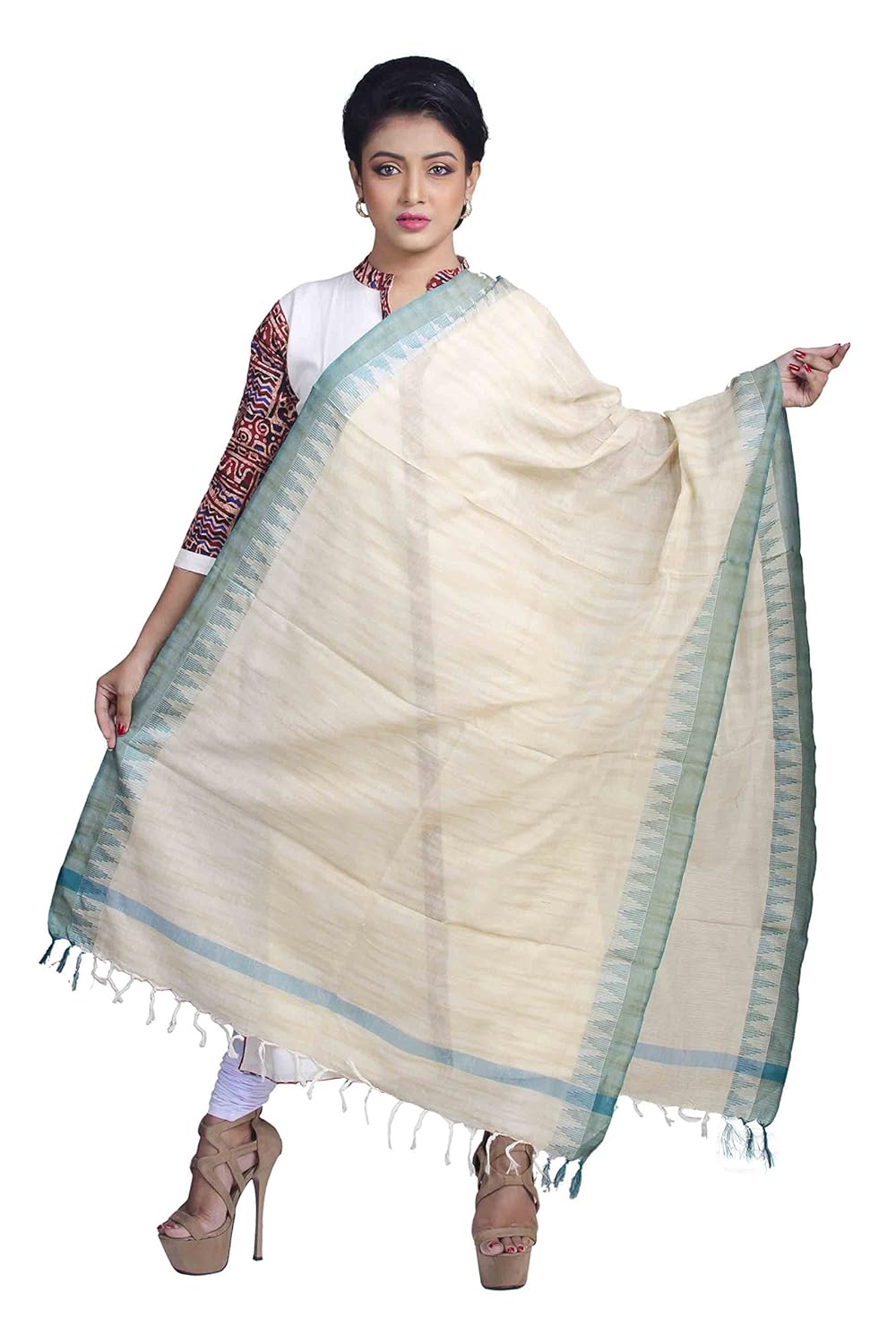de global citizen women's applique handloom cotton dupatta (beige_coloured_free size)