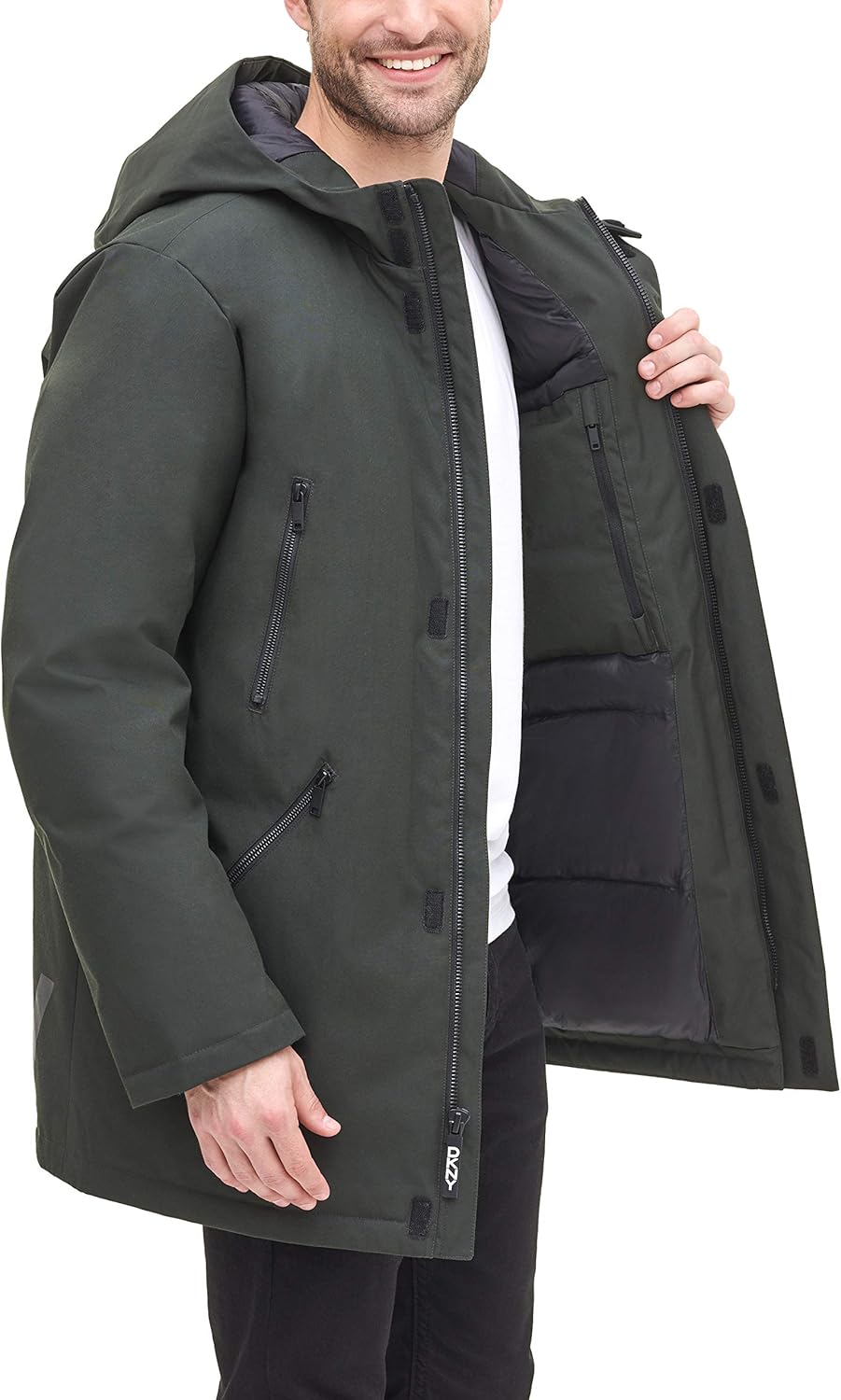 DKNY Men's Water Resistant Hooded Logo Parka Jacket at  Men’s Clothing store