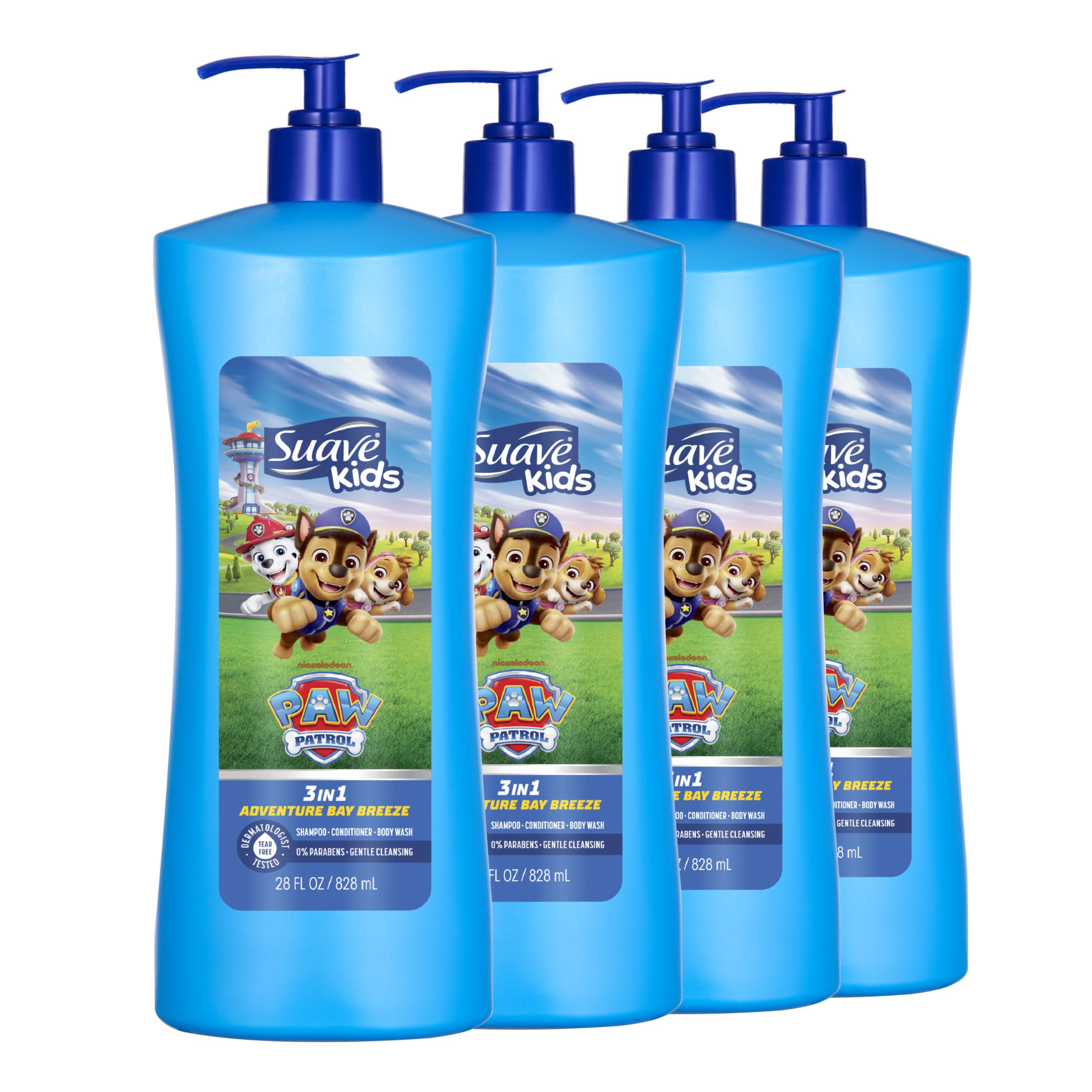 Suave Kids Paw Patrol 3 in 1 Shampoo, Conditioner, Body Wash, Adventure Bay Breeze, Tear-Free & Gentle Dermatologist Tested, 4 Count, 28 FL OZ Pump Image