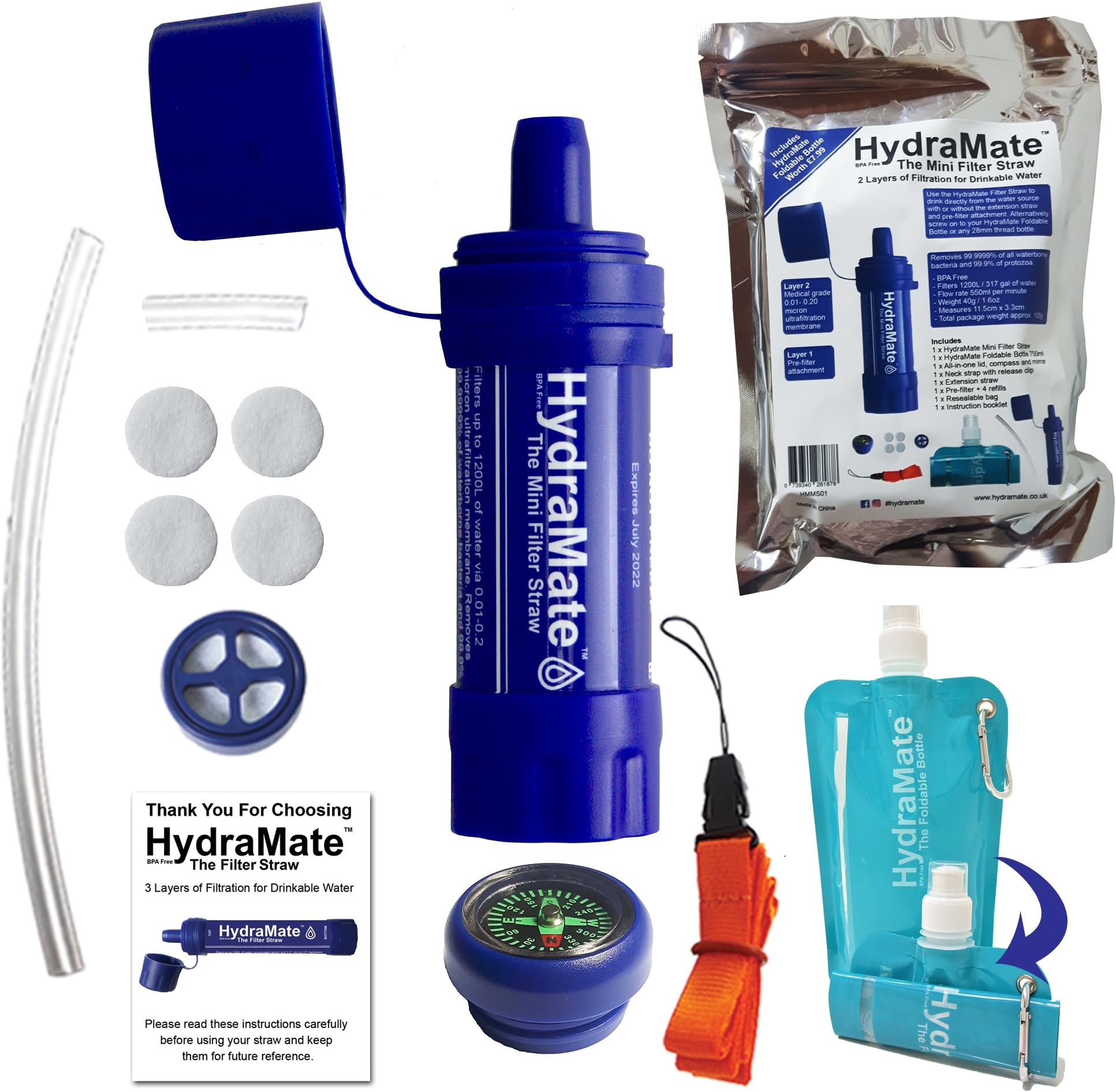 HydraMate Water Filter Straw. 2/3 layers of filtration. Removes bacteria, protozoa and heavy metals with carbon medical grade UF membrane. 1200L/1500L Capacity. BPA FREE. Easy to use. With Foldable Bottle