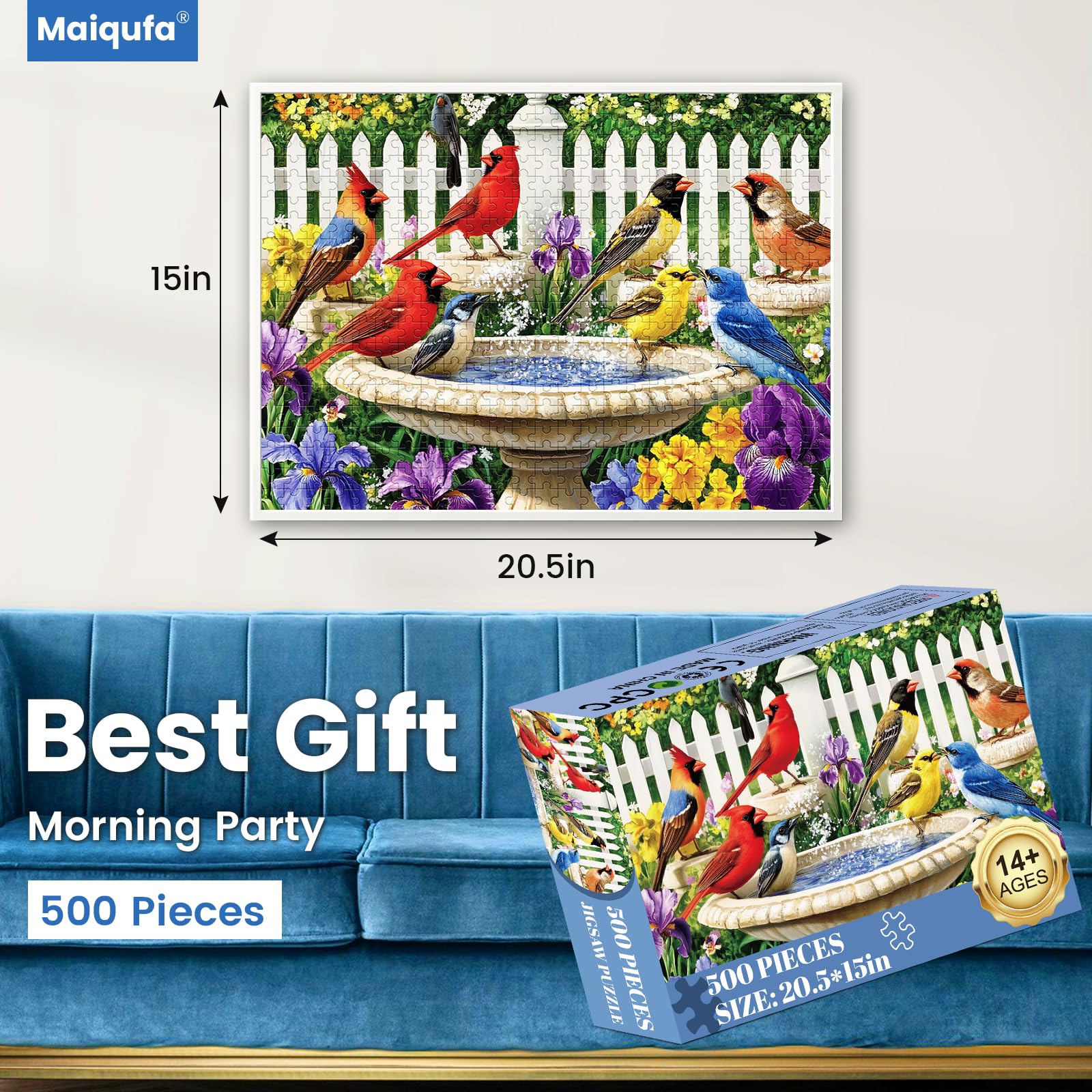 500 Pieces Puzzle for Adults,Birds Bath Flower Fence Puzzle,Recycled Cardboard Animals Jigsaw Puzzle 500 Pieces,Challenging Game Home Decor Birthday Party Gift Toy for Adults Kids Seniors 20.5 * 15 in