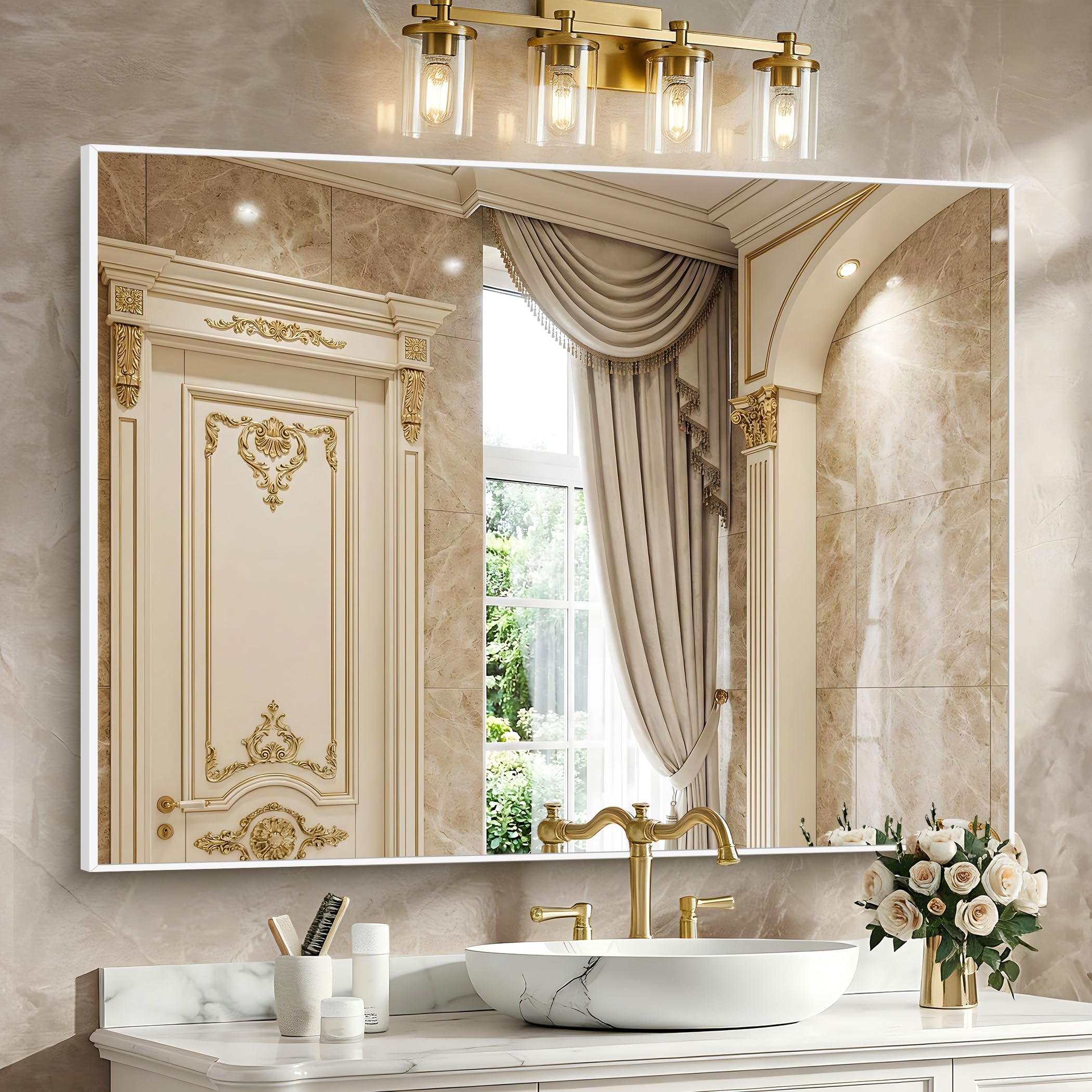 BONEWEI White Bathroom Mirror,36x48 inch Wall Mirror for Bathroom Wall Mounted,Large Rectangle Mirror for Bathroom Over Sink,Modern Metal Frame for Living Room,Bedroom Entryway,Horizontal/Vertical Image