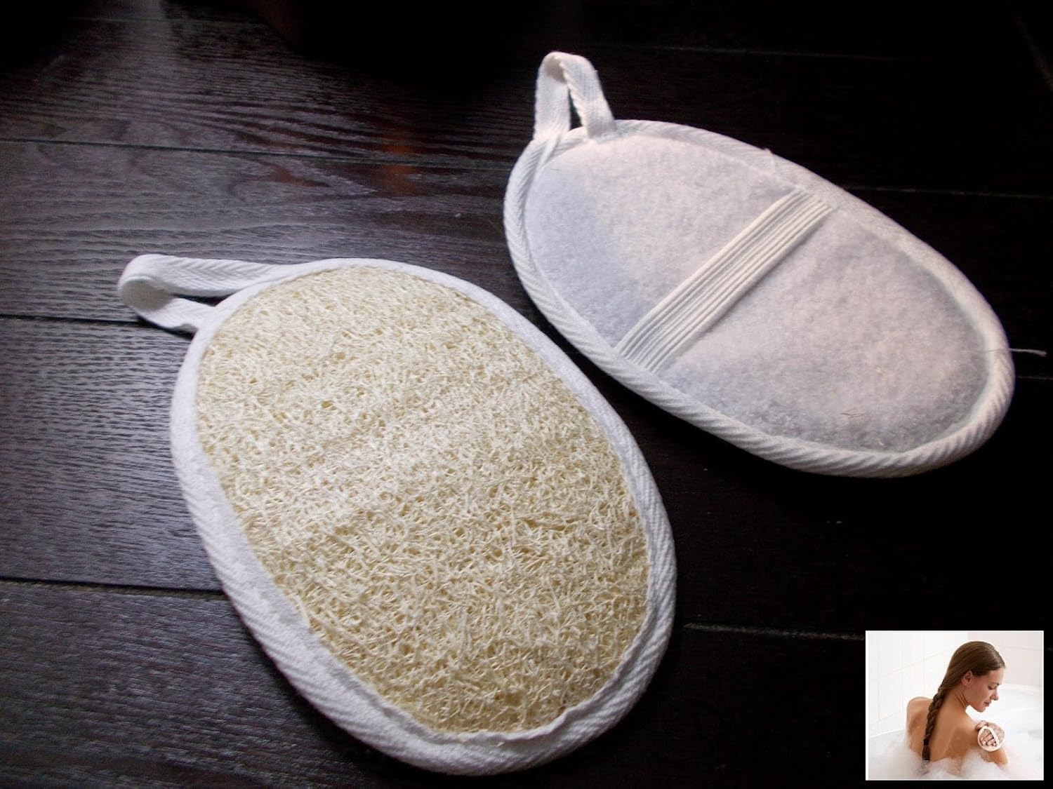 Vega Organic Loofah Pad. An oval pad of exfoliating loofah with an