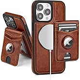 SkyEagle Compatible with MagSafe iPhone 15 Pro Max Case Wallet with AirTag Holder,2 in 1 PU Leather Magnetic Detachable RFID Blocking Credit Card Holder Flip Cover Kickstand for Men Women,Brown