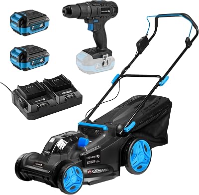 - Set cortacésped con batería 43 cm 2x18V con Taladro Atornillador 50 NM, 2X baterías de 4,0 Ah y Cargador Duo, cortacésped eléctrico sin escobillas Set Completo para jardín y Taller