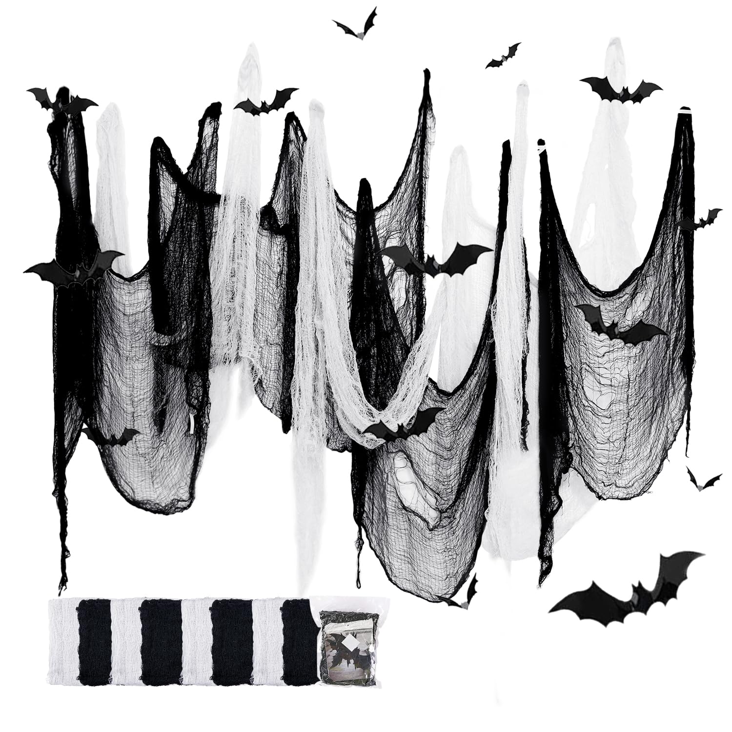 YuSaug Halloween Creepy Cloth, 8Pcs 30 x 72 Inch Scary Spooky Cloth Creepy Gauze with 12 bat Stickers, Creepy Cloth Fabric for Halloween Party Scary Decoration (4 Black + 4 White)