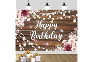 YinQin 180x120 cm Rustic Wood Flower Happy Birthday Backdrops Cloth 71x47 inch Bday Photography Backgrounds Wooden Floral But