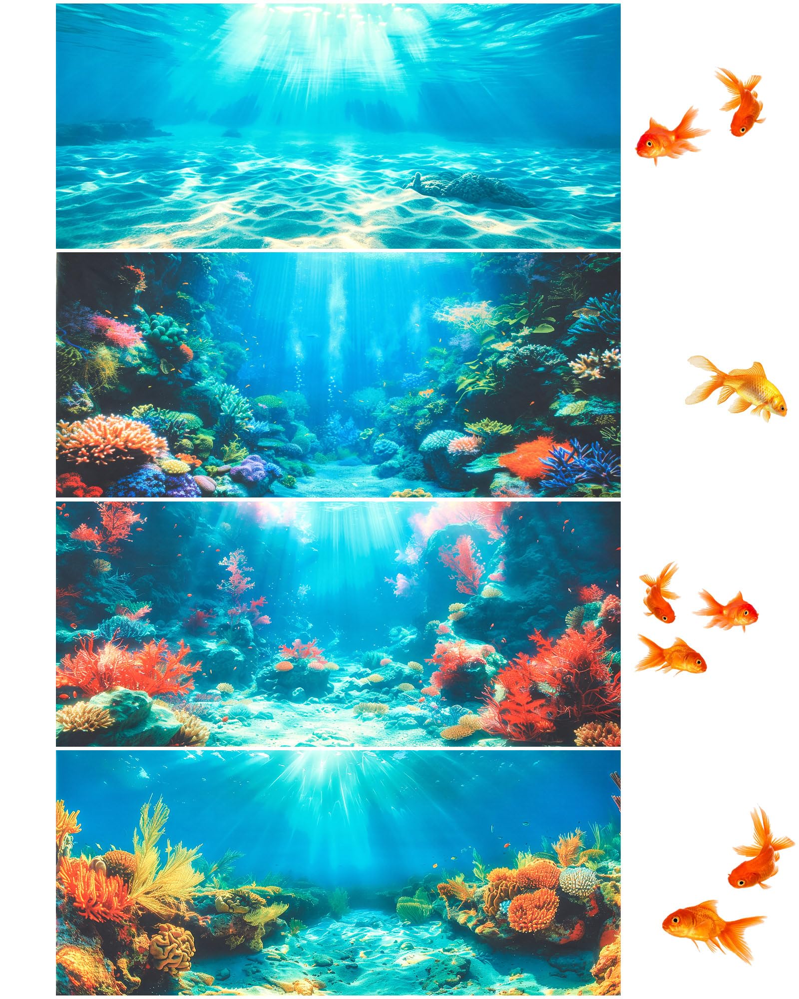 Photo 1 of Mindsoft 4 Pack Aquarium Background Polyester 30 x 18 Inch Cloth Fish Tank Background Undersea Corals Sunshines Rock Aquatic Plants Wallpaper with Double-Sided Tape