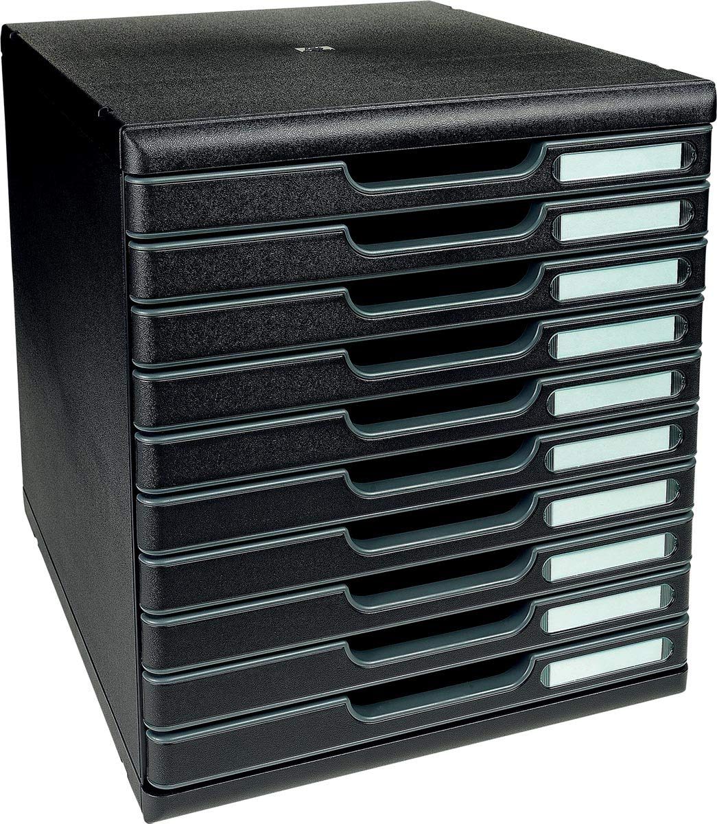 Exacompta - Ref 302414D - Modulo A4 EcoBlack - 350 x 288 x 320mm in Size, 10 Closed Drawers (26mm Height), Smooth Opening with Stop, Label Holders - Black