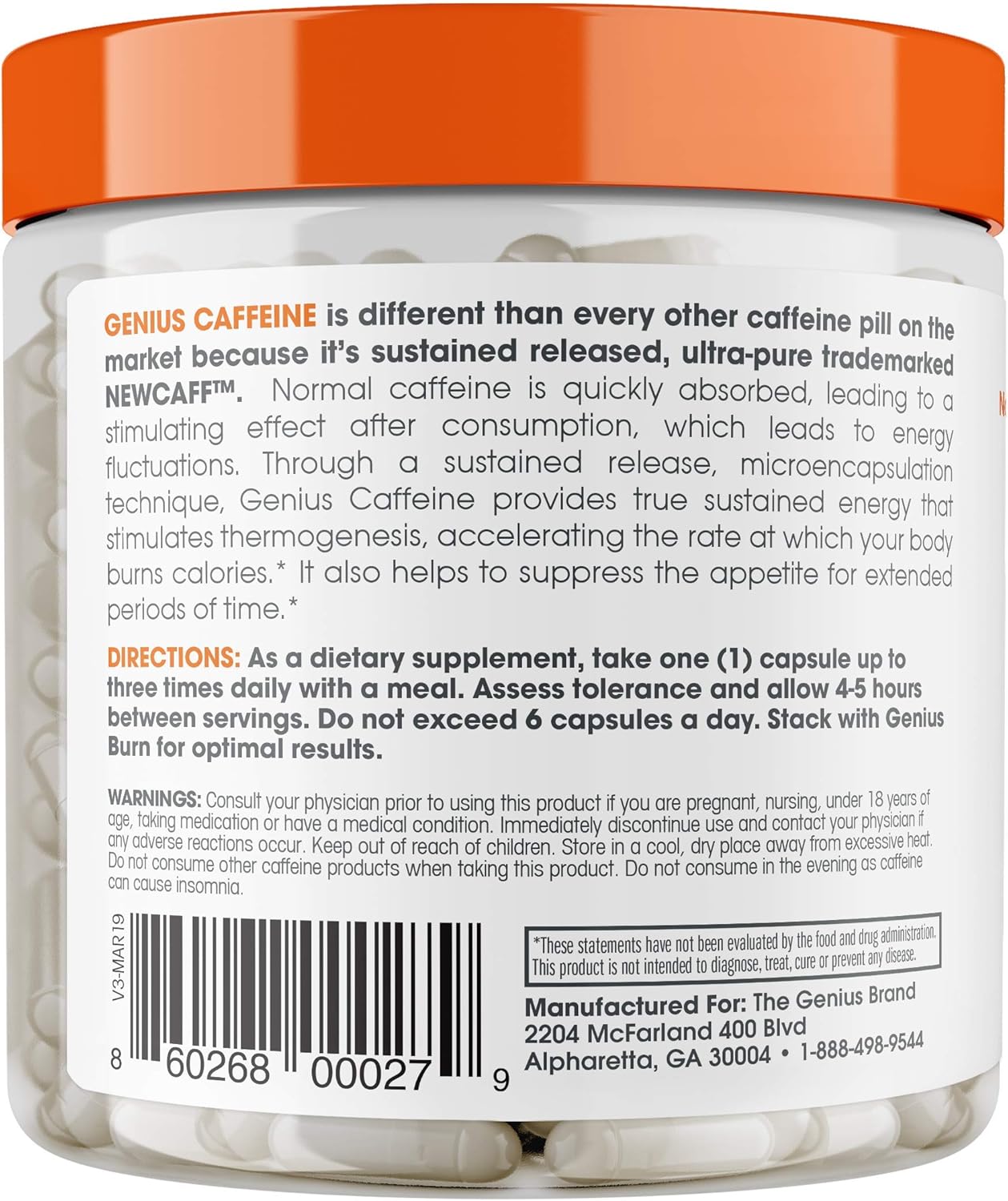 Genius Caffeine, Extended Release Microencapsulated Caffeine Pills, All Natural Non-Crash Sustained Energy & Focus Supplement, Preworkout & Nootropic Brain Booster For Men & Women,100 Count: Health & Personal Care