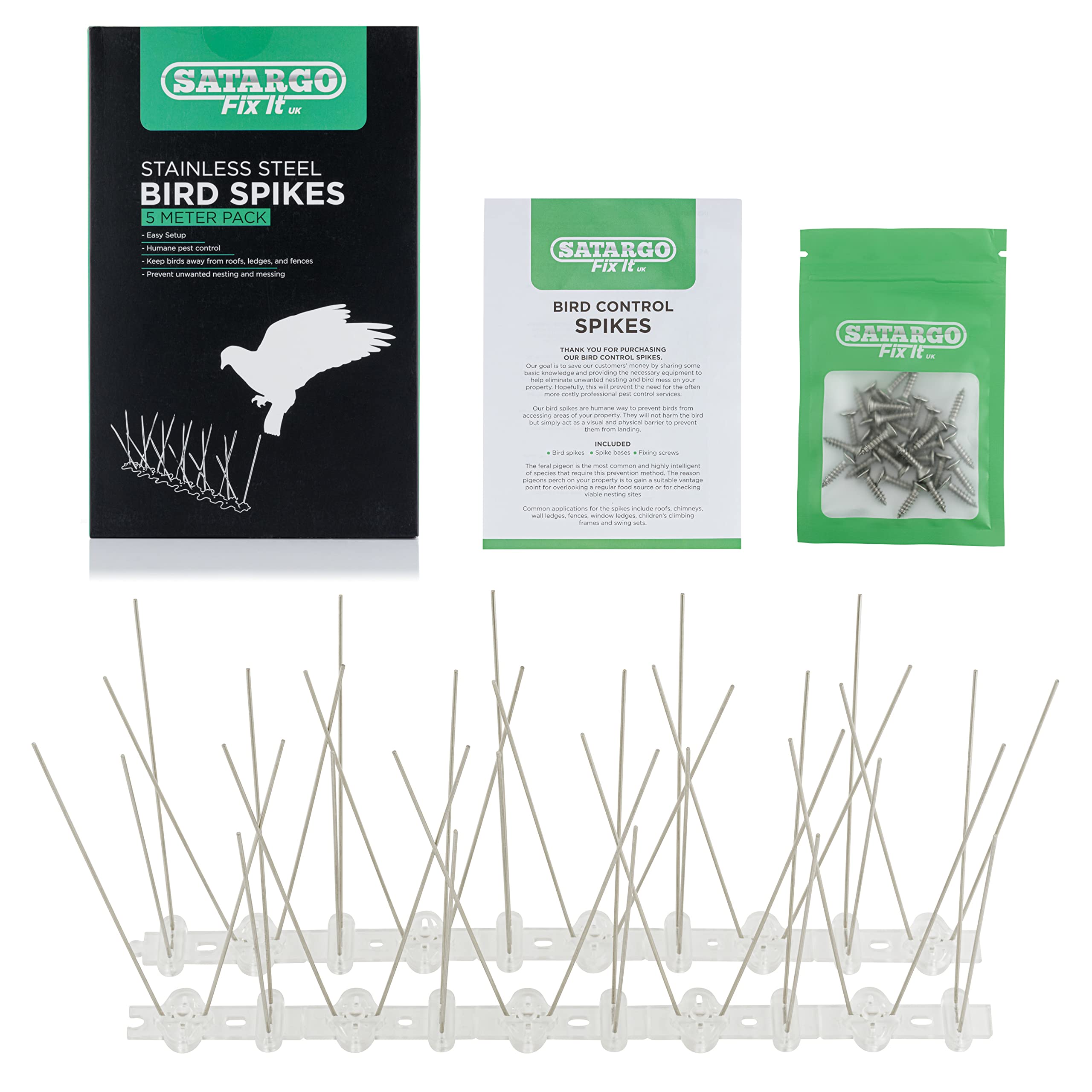 Satargo Bird Spikes Stainless Steel Pigeon Spikes Bird Deterrent for Roofs and Windows, Fence Spikes for Anti Crows, Seagulls and Small Birds Repellent 5m