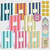 Decorably 24 Pack Gold-Foiled 4x6in Cute Thank You Cards with Envelopes & Stickers, 8 Colorful Designs Stripe Palm Beach Thank You Cards with Envelopes, Blank Inside - Birthday, Baby Shower, Wedding
