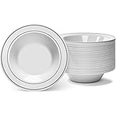 Silver Rimmed White Bowls - 12 oz, 50 Count - Hard Plastic - Disposable or Reusable - Dessert, Salad, Cereal, Pasta Bowls - Ideal for Weddings, Parties & More!