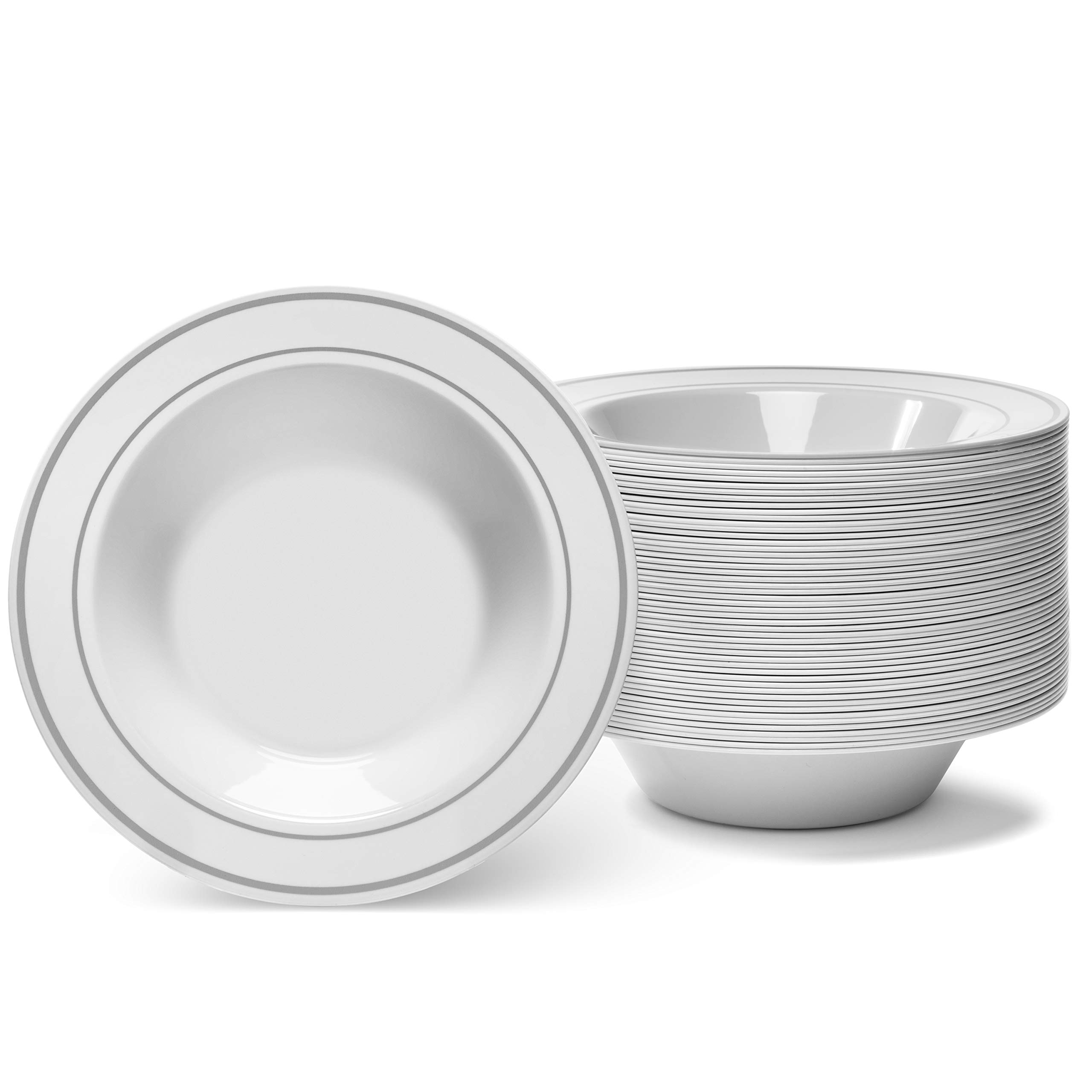 Photo 1 of Silver Rimmed White Bowls - 12 oz, 50 Count - Hard Plastic - Disposable or Reusable - Dessert, Salad, Cereal, Pasta Bowls - Ideal for Weddings, Parties & More!