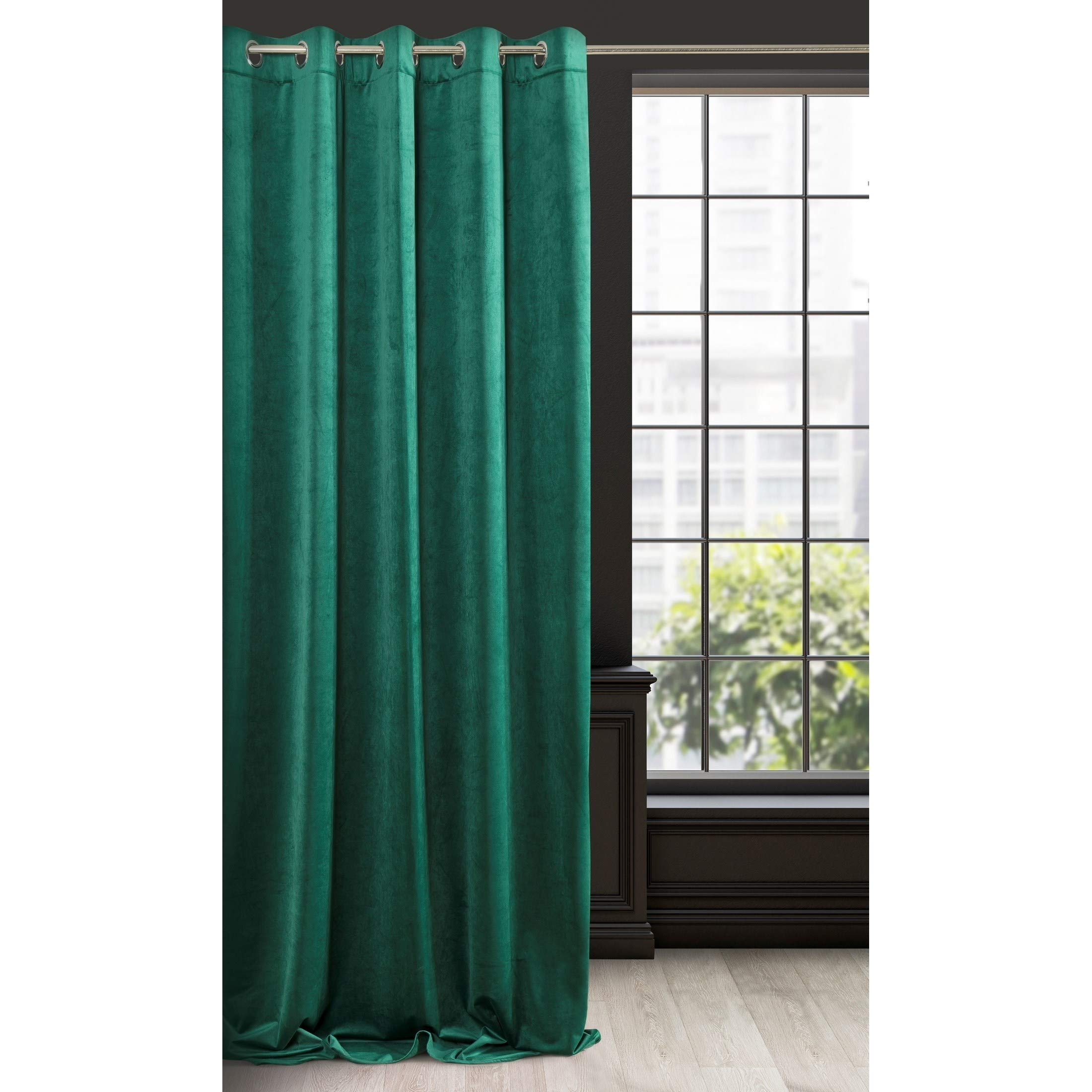 Eurofirany Soft Plain Opaque Velvet Curtain with Eyelets - 1 Unit, Thick Fluffy Panel Drape Classic Glamour Elegant Living Room Bedroom, W55'' x L98.4'', 140x250 cm, Dark Green