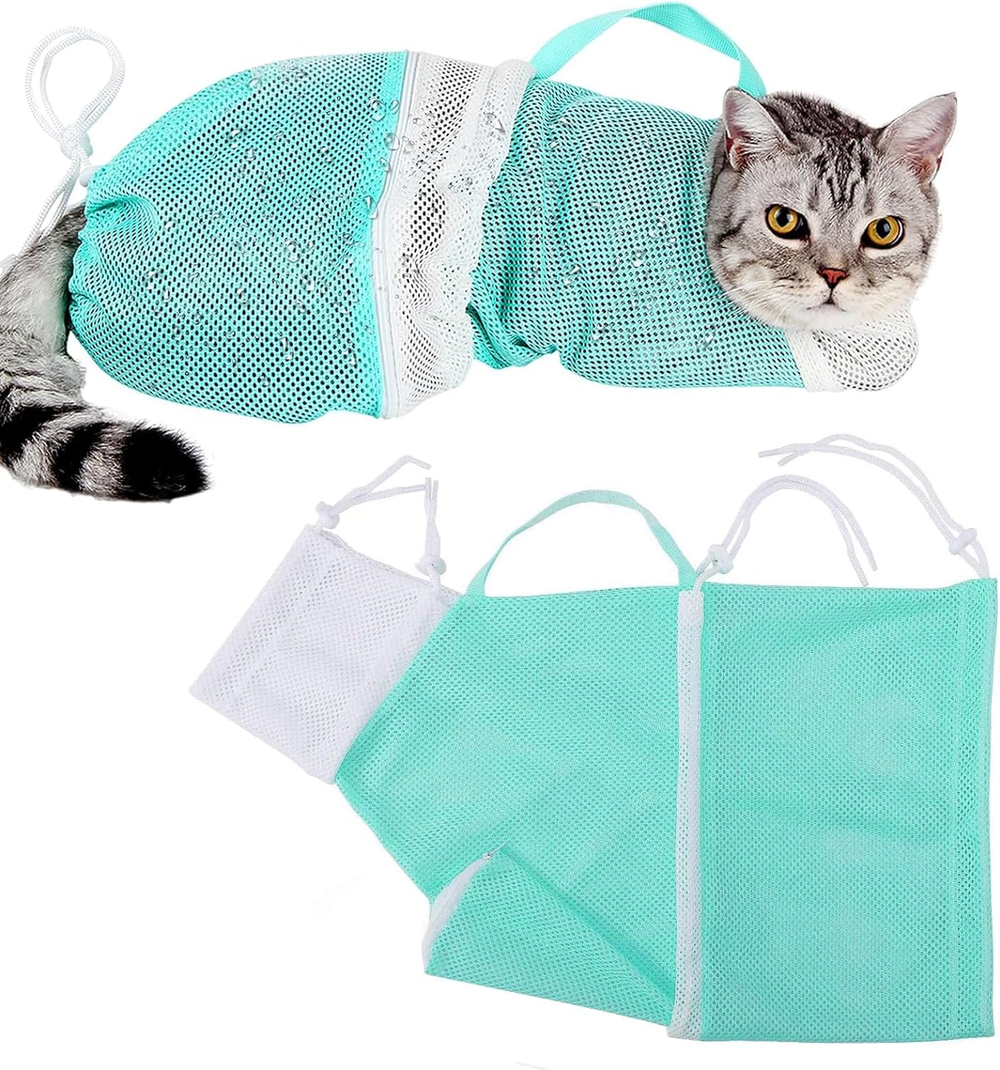 Yoogeer Adjustable Cat Bathing Grooming Bag, Puppy Dog Pet Cleaning Shower Net Bag, Anti-Bite Scratch Cat Restraint Bag For Shower, Cleaning Ear, Medicine Feeding, Nail Trimming (Green + White)