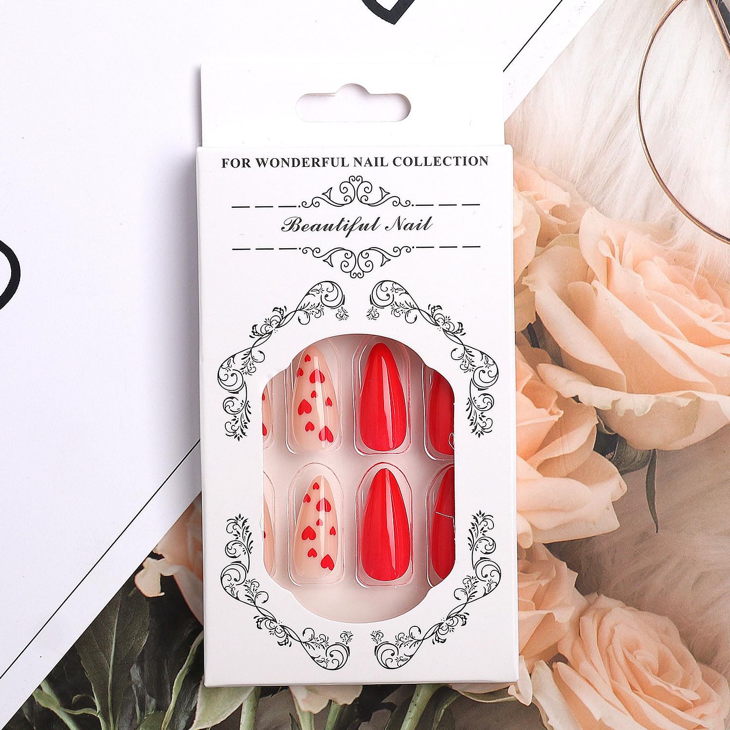 Valentine's Day Press On Nails Almond Medium, 24Pcs Valentine's Day Fake Nails Red Heart Full Cover Glossy Stick On Nails Valentines Day Nail Accessories for Women Girls (Red Heart Almond) - Image 8