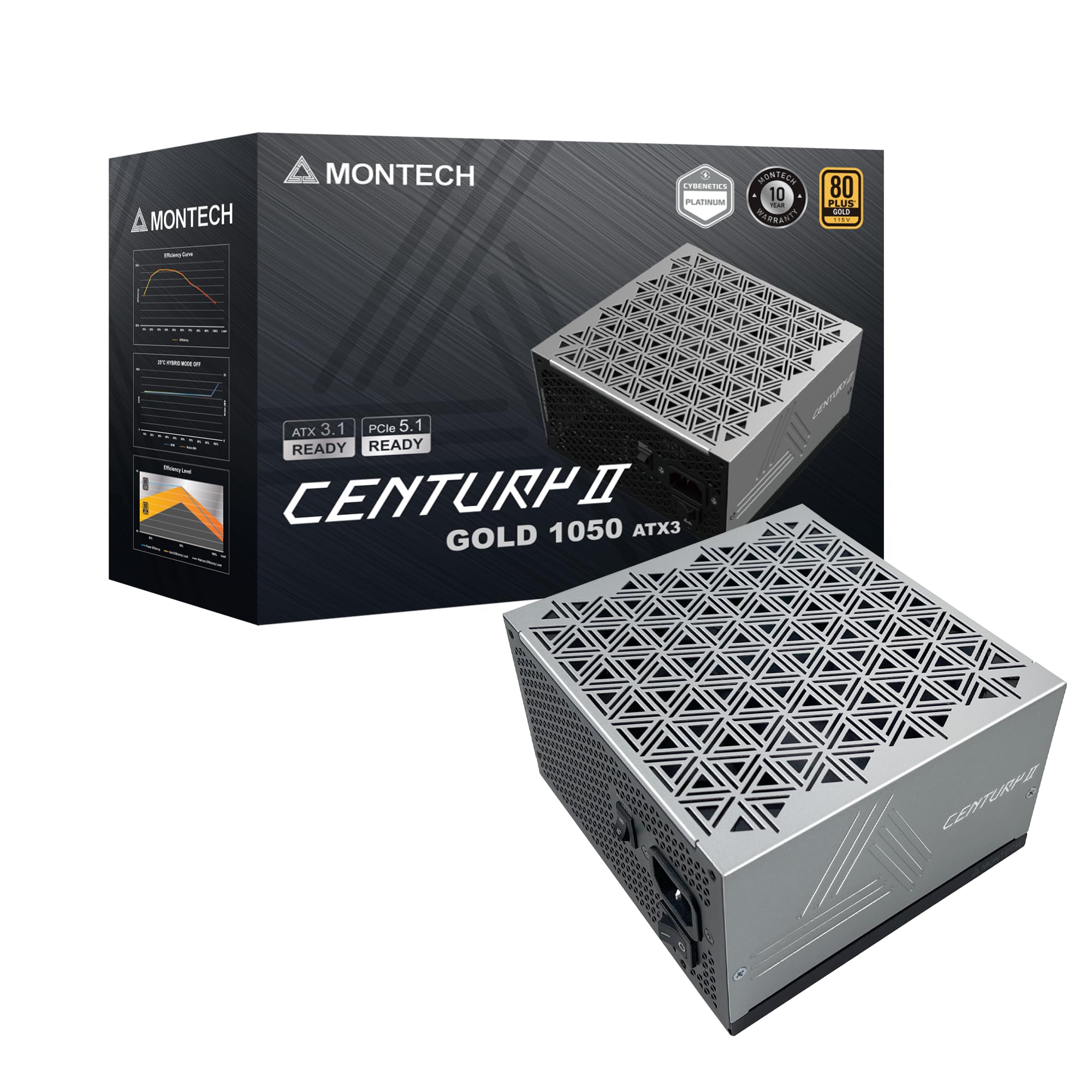 MONTech Century II - Fuente de alimentación para juegos ATX de gama alta de 1050 W - 80 Plus Gold y Cybenetics Platinum - Totalmente modular - ATX 3.1 y PCIe 5.1 listo con cable de 12 V-2x6 - 10 años de garantía