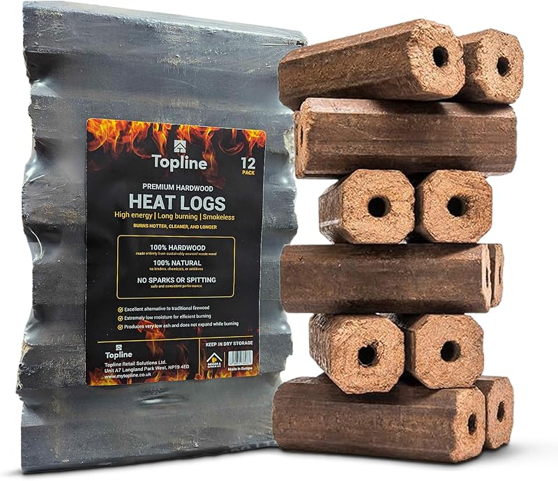 Topline High Energy Heat Logs 12 Pack Ultra Dry Compressed Wood Fuel Stoves