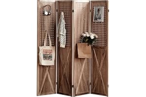 Leesinwing 4 Panel Pegboard Display, 5.6Ft Wood Room Dividers and Folding Privacy Screens, Peg Board Room Divider, Portable Display Board Organizer for Art, Jewelry, Crafts Display Racks, Dark Brown