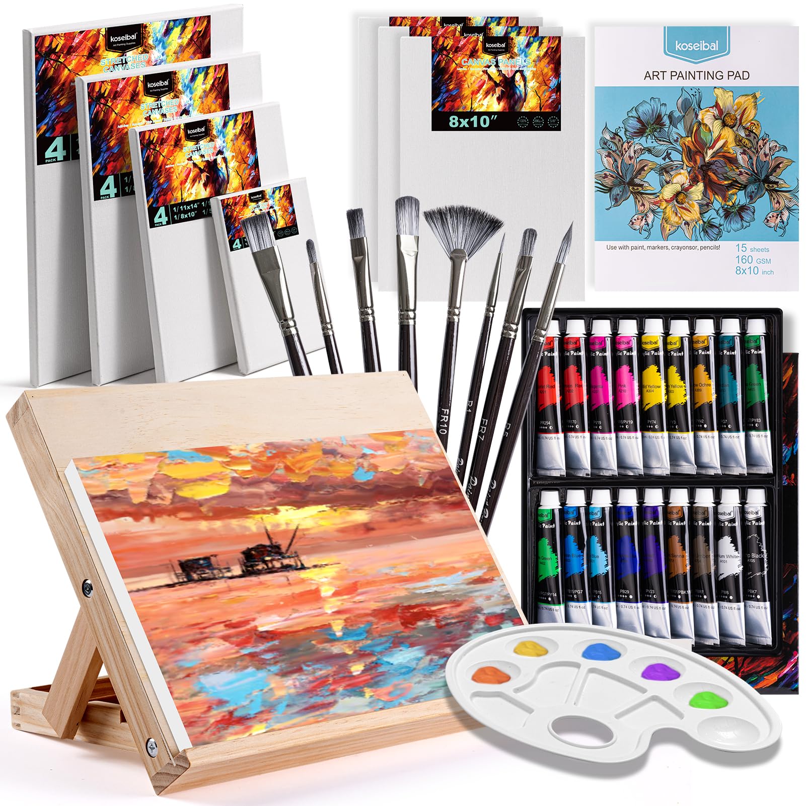 Photo 1 of koseibal Acrylic Art Set with 18 Acrylic Paints, 8 Brushes, 4 Stretched Canvas, 1Wooden Easel, Etc, Premium Painting Supplies Kit for Students, Artists Kids, Adults, and Beginner.