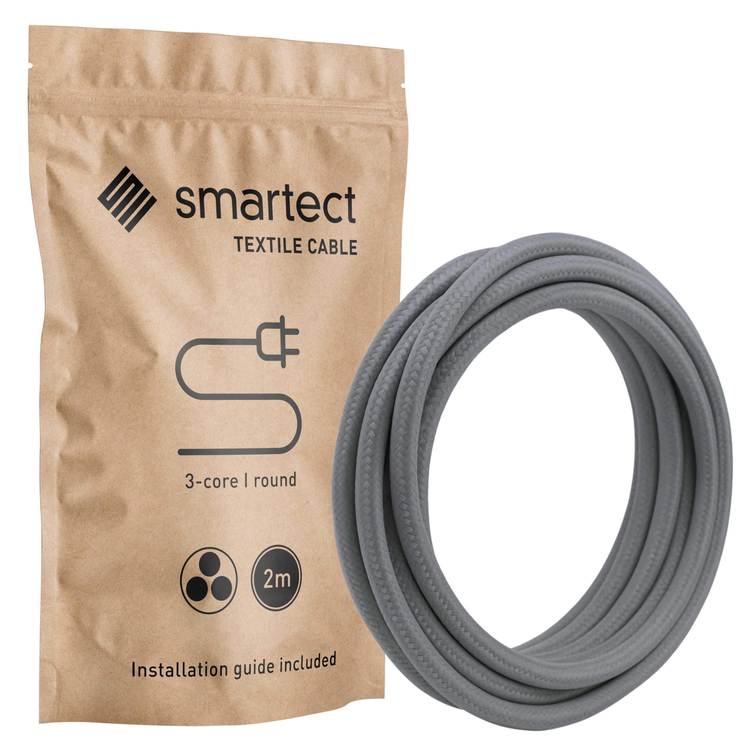 smartect Braided Cable, Dark Grey, 2 Metres 3 Core Electrical Cable (3 x 0.75mm²) Vintage Fabric Electrical Wire for your DIY project