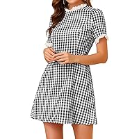 Allegra K Women's Plaid Gingham Ruffled Retro Peter Pan