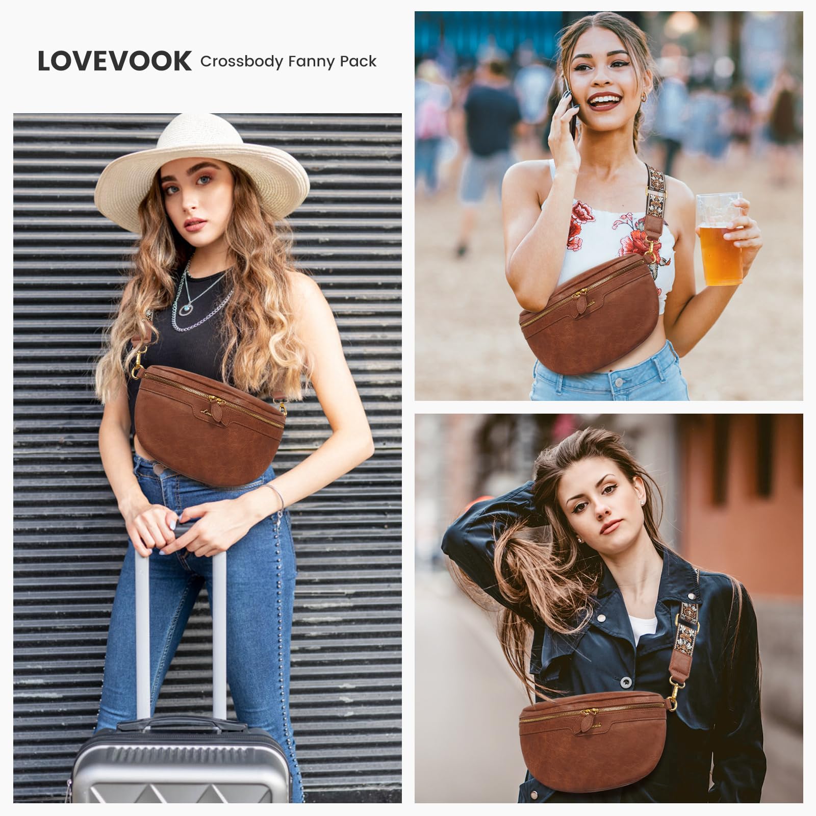 LOVEVOOK Fanny Packs for Women Cross Body, Vegan Leather Belt Bag for Women, Waterproof Sling Purse Fashion Waist Pack Designer Chest Bum Bag with Boho Style Strap
