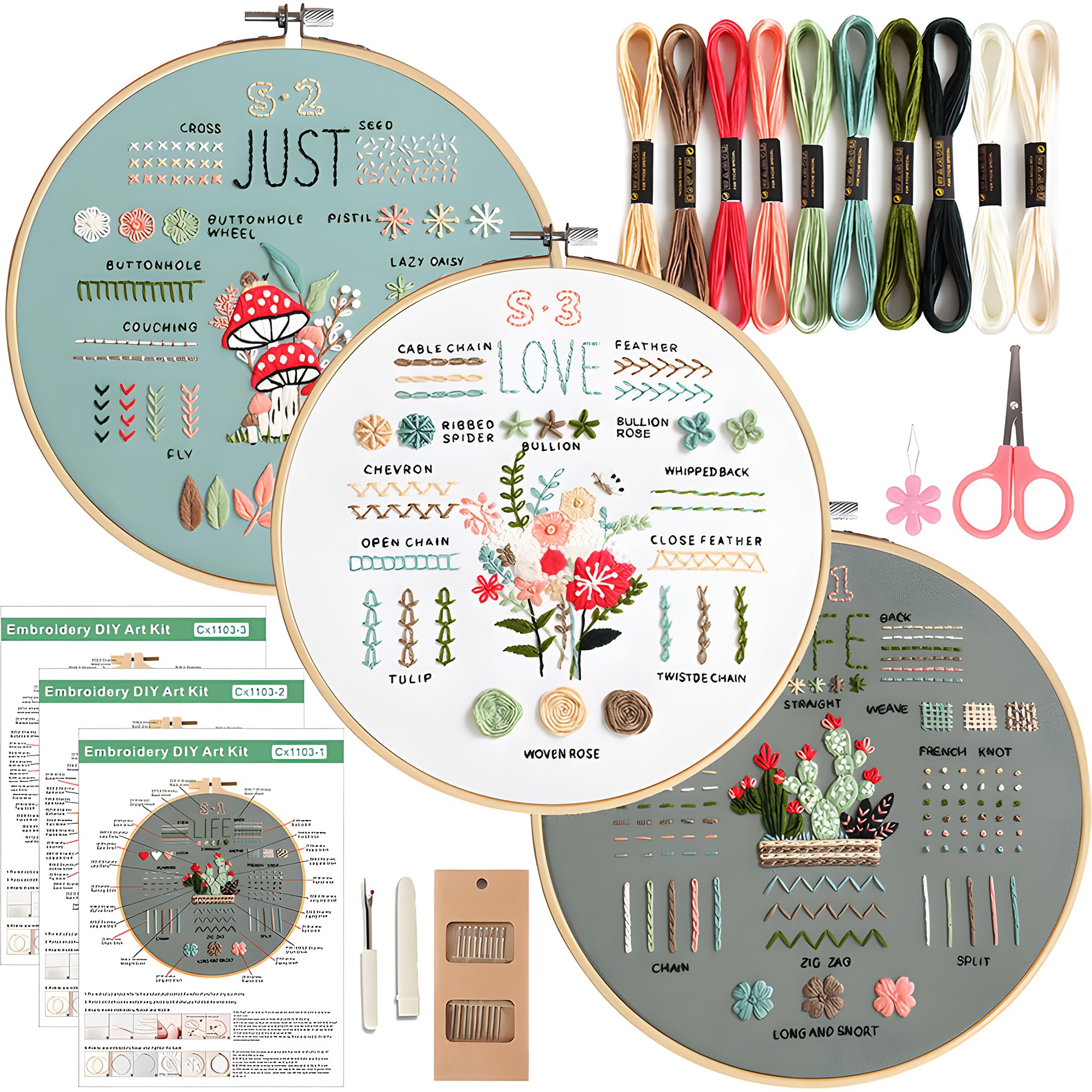 PBMLGO 3 Sets Beginner Embroidery Kits Cross Stitch Starter Kits for Adults, Stitch Practice Kit with Detailed Instructions and Handmade Embroidery Material Package, Learn Embroidery Skill
