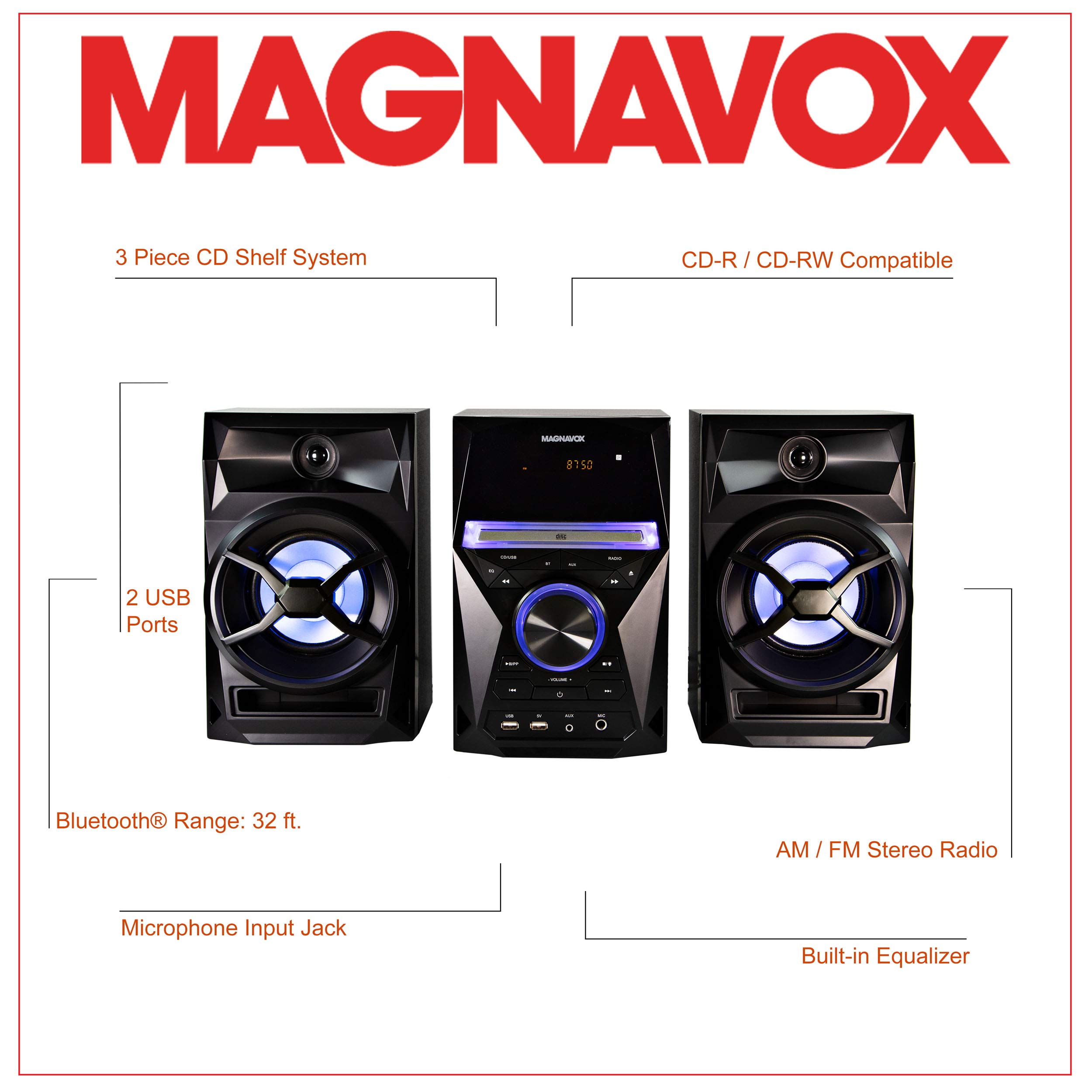 Magnavox 3-Piece CD Shelf System with Bluetooth, FM Radio, Remote Control, Colored Speaker Lights, LED Display, AUX Port - Black