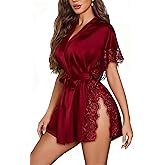 Avidlove Women Lingerie Robe Satin Sleepwear Eyelash Lace Kimono Side Split Sexy Silk Robes