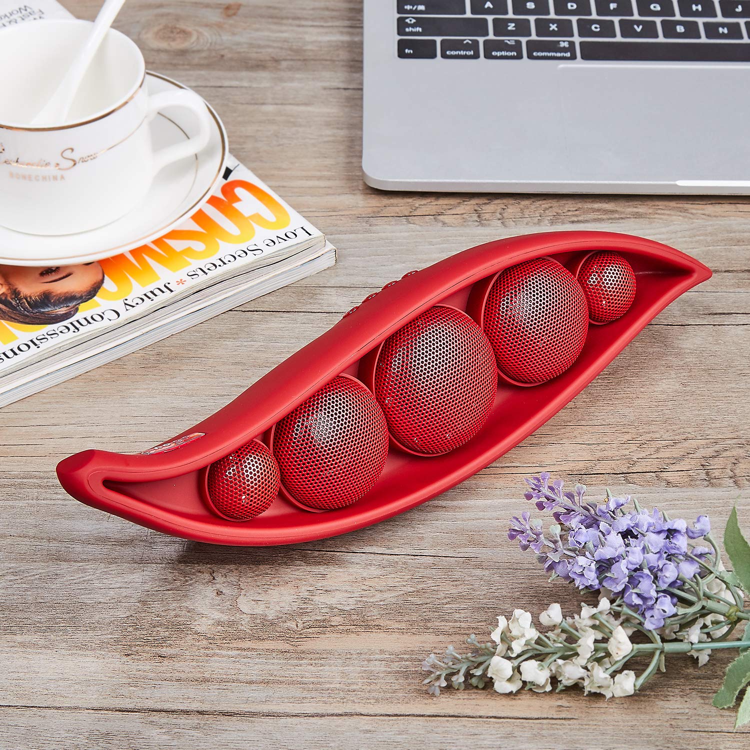Wireless Bluetooth Speaker with Superior Stereo Sound, Exclusive Pea Appearance, 5-Watts, 24-Hour Playtime, Perfect Wireless Speaker for Home (Red)