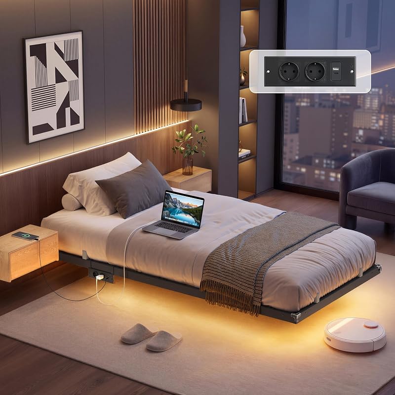 Estrutura da cama 90 x 190 cm, luzes LED, estação de carregamento removível, 2 tomadas AC, 1 porta USB-C, 1 porta USB-A, 1 polegada traseira, suporta até 250 kg, tinta preta RMB171B101