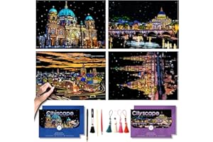 PAITUEND Scratch Art for Adults-Scratch Painting Craft Kit (4 Sheets 16x11 in)|Foil Engraving Art Set|Stress Relief Gift for Travel Lovers,Craft Lovers|Creative Scratch Art Home Decor(City Scape 2)