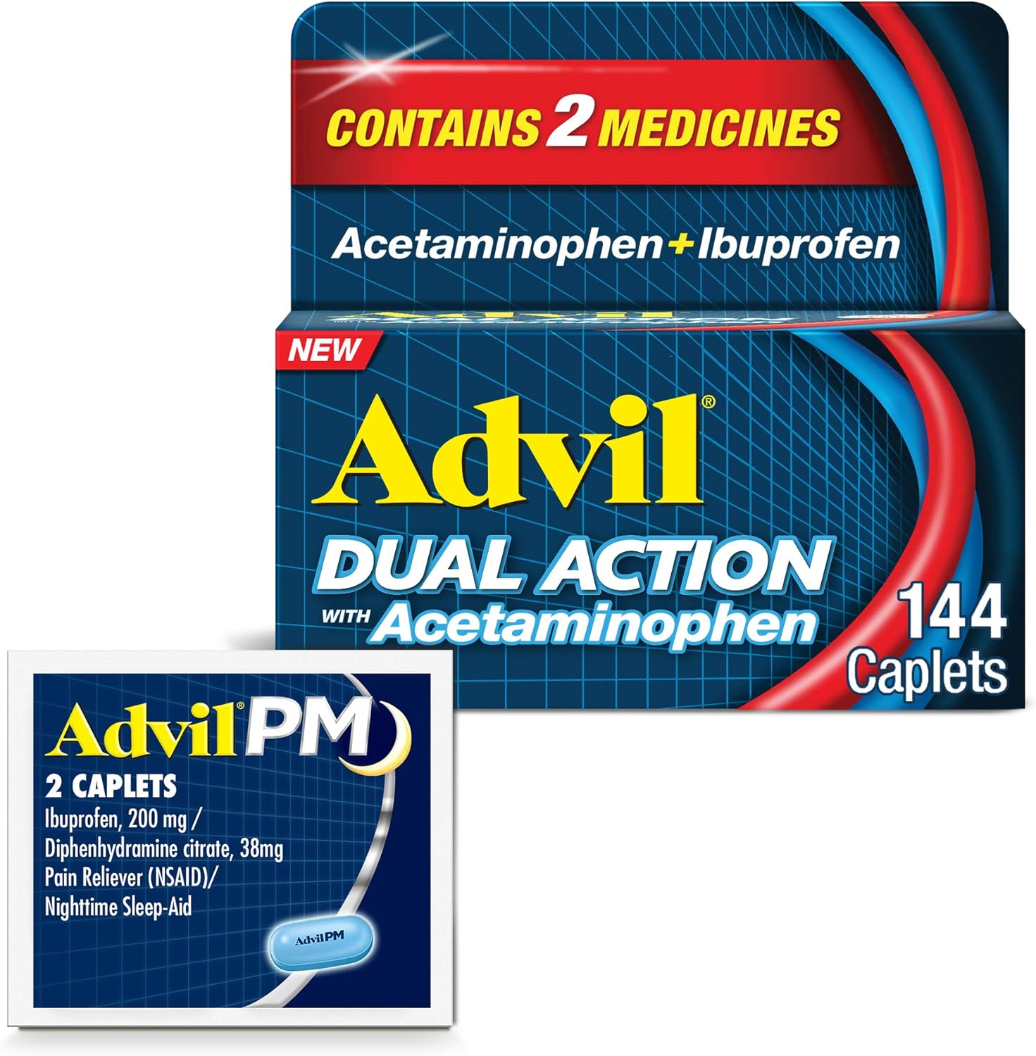 Advil Dual Action with Acetaminophen, 250 Mg Ibuprofen, 500 Mg Acetaminophen Per Dose - 144 Caplets Advil PM with Ibuprofen, Diphenhydramine Citrate - 2 Caplets, Pain Relief and Sleep Aid Combo Pack: Health & Personal Care