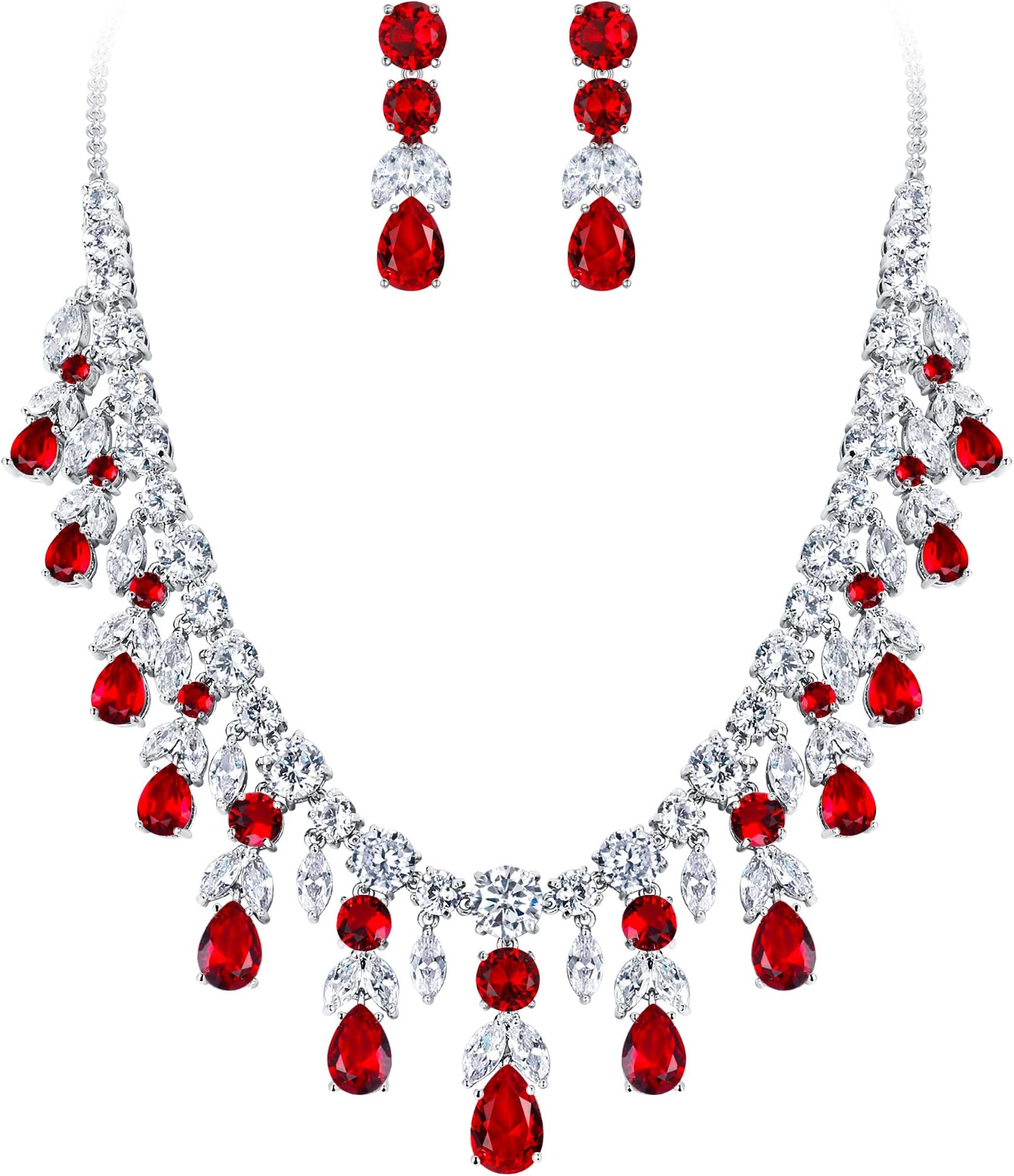 Women's Wedding Bridal CZ Cluster Leaf Teardrop Statement Necklace Dangle Earrings Set
