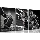 3Pcs Football Canvas Wall Art Black and White Sports Athletes Wall Decor Pictures American Rugby Posters Prints For living room Man Cave Boy Bedroom Locker Room Dorm Decoration