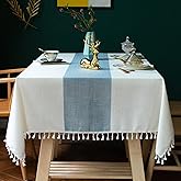 JIALE Tablecloths for Rectangle Tables,Cotton Linen Table Cloth Waterproof Tablecloth Wrinkle Free Farmhouse Dining Tables Cover,Soft Fabric Table Cloths with Tassels, Blue, 55" X 86",6-8 Seats