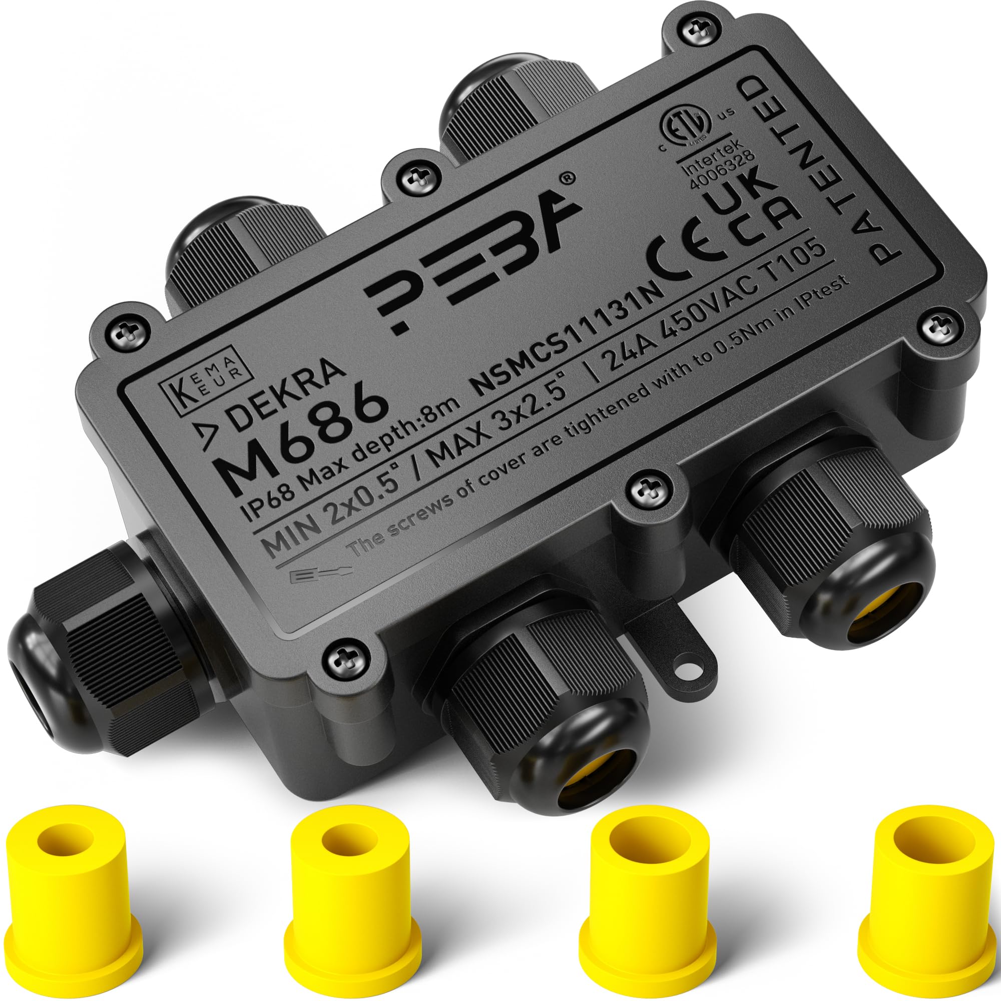 PEBA® IP68 Waterproof Junction Box, Outdoor Waterproof Connector - 5-Way Cable Protectors for Cable Diameter Ø4mm-12mm, Black (1 Pack)