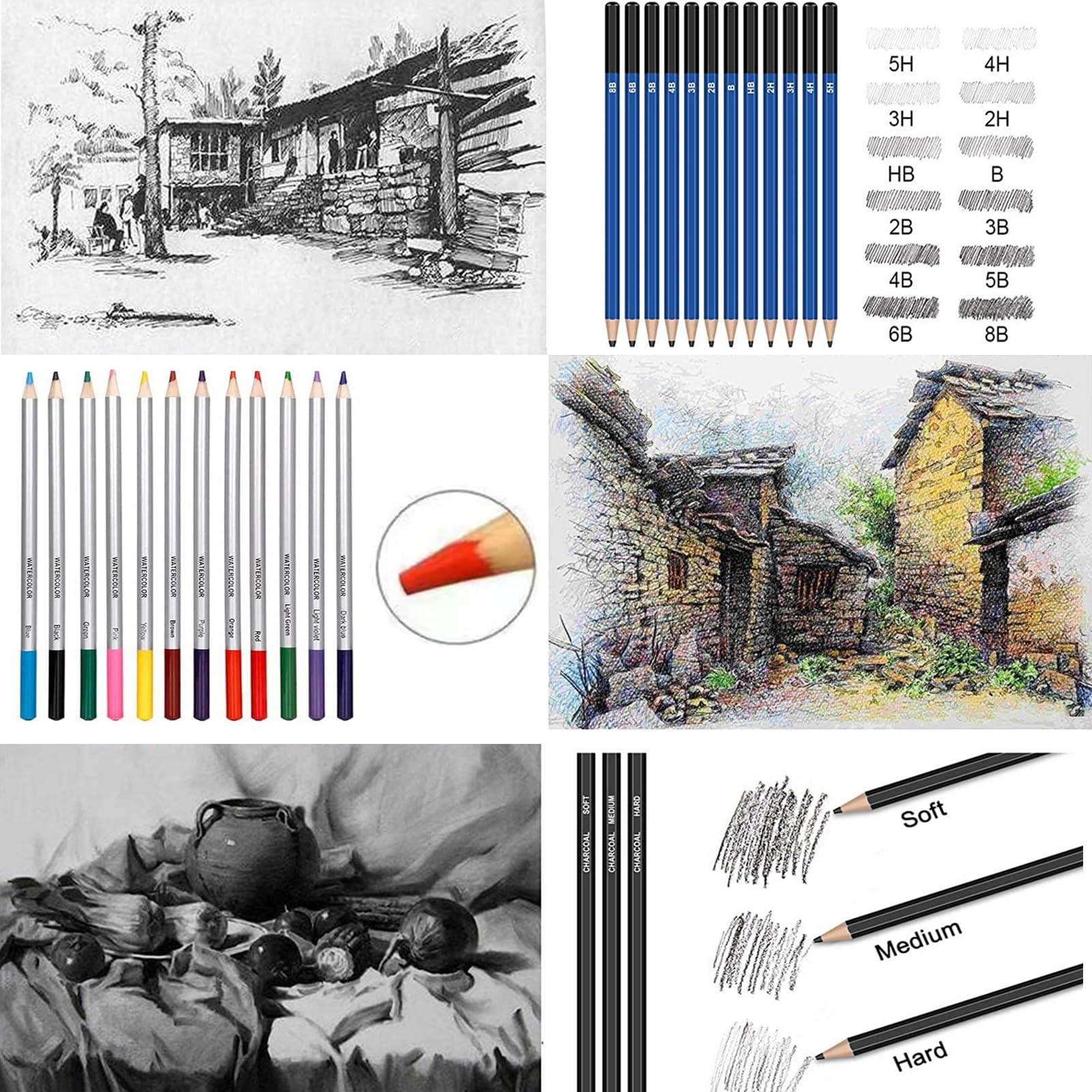 HOTCOLOR Drawing Pencils 38pcs Art Supplies Set Sketching Pencil Set with Graphite Pencils,Watercolor Pencils with Brush,Charcoal Pencils Set for Artists Adults Kids Beginners